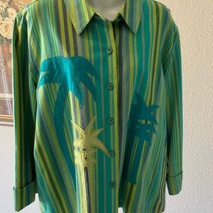 Palm Tree Embroidered Cotton Shirt Jacket - Teal & Chartreuse Stripe - Like-New